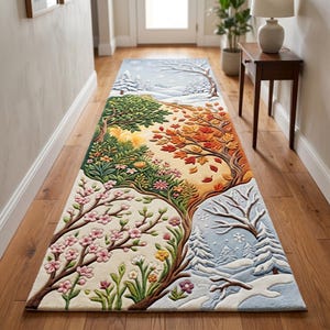 May include: A long rectangular runner rug featuring a four-season landscape design. The rug displays sections representing spring with pink blossoms, summer with green foliage, autumn with orange leaves, and winter with snow-covered pine trees.