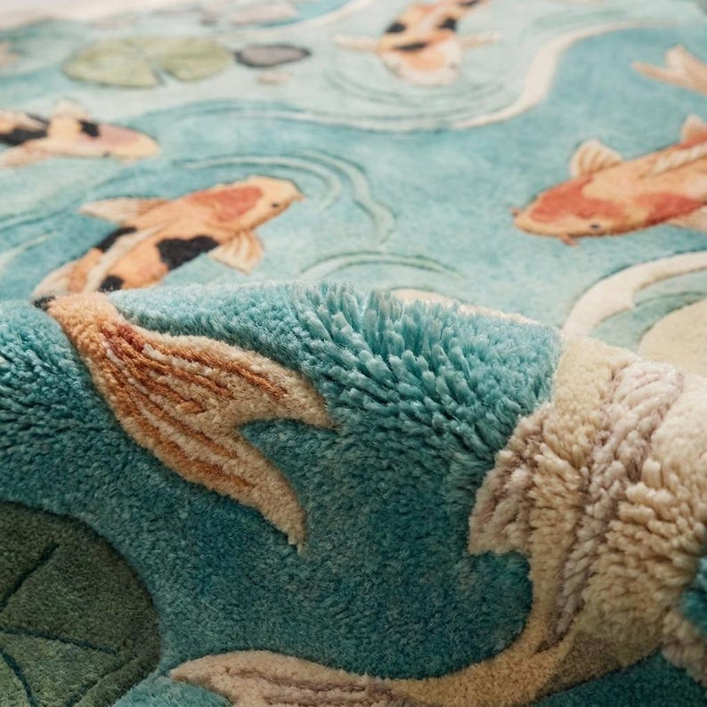 Irregular Koi Fish Area Rug, Handmade Wool Pond Rug With Lotus Floral ...