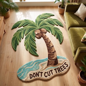 Op de afbeelding: Een groene en bruine palmboomtapijt met de tekst "DON'T CUT TREES". Het tapijt heeft een gedetailleerd ontwerp van een palmboom met kokosnoten, op een zandstrand met blauw water.
