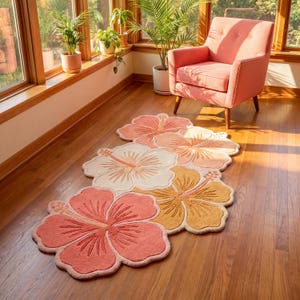 Hibiscus Flower Runner Rug, Hand Tufted Wool Floral Runner for Hallway, Bedroom & Sunroom Decor