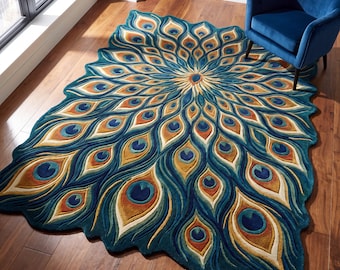 May include: A rectangular area rug featuring a large, symmetrical peacock feather pattern radiating from the center. The design incorporates deep teal, gold, orange, and cream colors with a textured, carved pile that defines each feather shape.