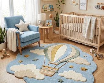 Handgetuft kinderkamertapijt, heteluchtballon kinderkamertapijt, zacht wol wolk speelkamertapijt