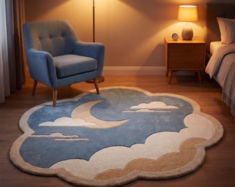 Moon Cloud Tufted Rug, Handmade Nursery Area Rug, Dreamy Blue Kids Bedroom Carpet Decor