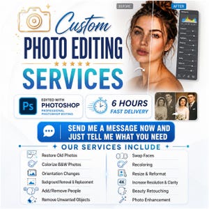 May include: A digital advertisement for custom photo editing services featuring text that reads Custom Photo Editing Services, 6 Hours Fast Delivery, and Send Me A Message Now. It displays before and after portrait examples and a list of services.