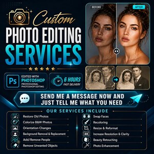 Pode incluir: Um anúncio digital de serviços de edição de fotos personalizados com exemplos de antes e depois de retoque de retratos e restauração de fotos antigas. O texto inclui Custom Photo Editing Services, 6 Hours Fast Delivery e uma lista de serviços.
