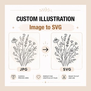 Op de afbeelding: Een digitale afbeelding die een illustratieservice toont voor het omzetten van een JPG-bloemenschets naar een SVG-bestand. De tekst bevat CUSTOM ILLUSTRATION, Image to SVG, JPG, SVG, CLEAN & PRECISE LINES en READY TO CUT AND USE.