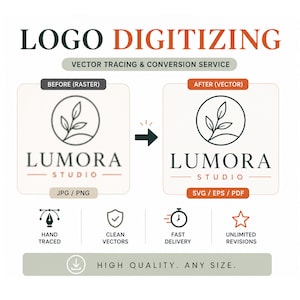 Pode incluir: Um gráfico de serviço de digitalização de logótipos que mostra uma comparação antes e depois do logótipo Lumora Studio. O lado esquerdo exibe uma imagem raster desfocada com a etiqueta JPG/PNG, o lado direito mostra uma versão vetorial.