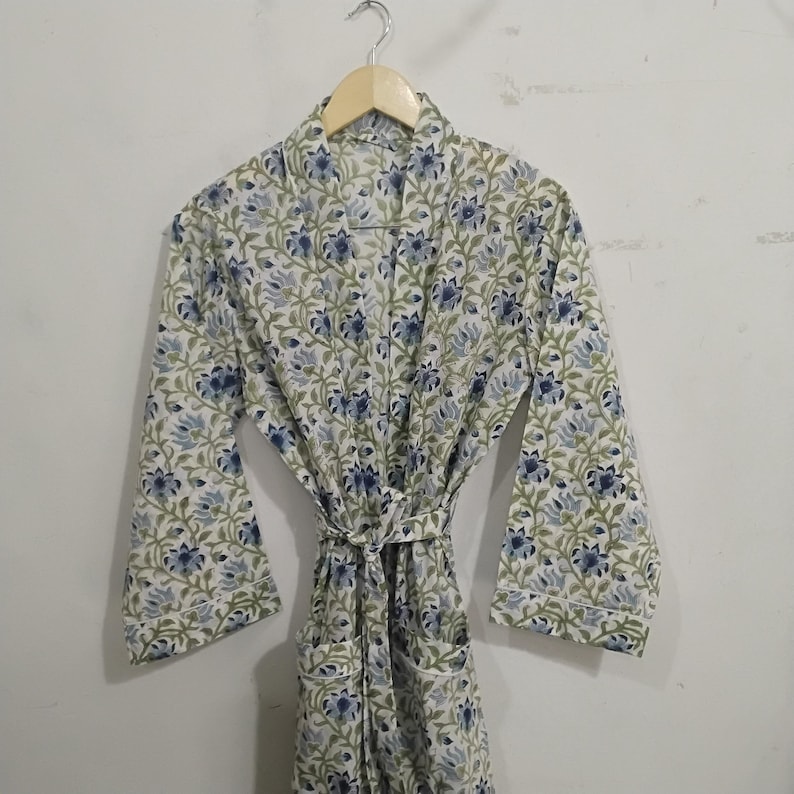 Blue Patterned Robe Blue Floral Cotton Kimono Robe for Women, Hand Block Print Bathrobe ...