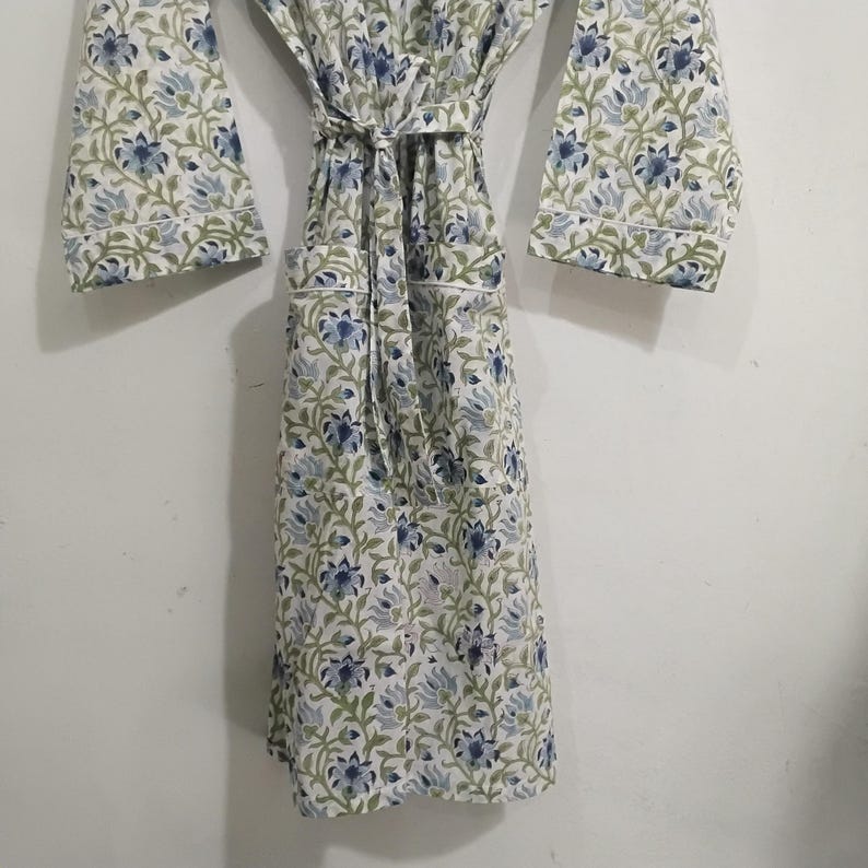 Blue Patterned Robe Blue Floral Cotton Kimono Robe for Women, Hand Block Print Bathrobe ...