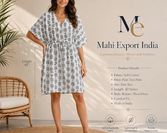 Frauen Hand Block Print Baumwolle Kaftan Kleid - Palme Gedruckt Strand Cover Up, Boho Lounge Wear, Weicher Sommer Kimono, Free Size Kaftan 42 Inch