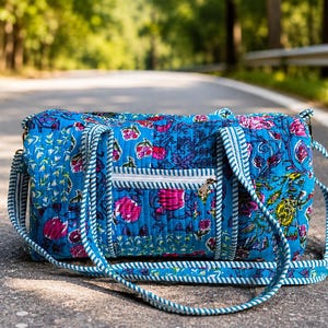 May include: A quilted duffel bag featuring a vibrant blue base with a multi-coloured floral pattern in shades of pink, yellow, and green. The bag includes a front zippered pocket, two carrying handles, and a long shoulder strap with white stripes.
