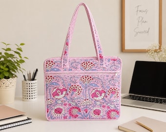 Pink Quilted Laptop Bag, Floral Laptop Sleeve Tote, Cotton Padded Laptop Case, Handmade Laptop Carry Bag, Women Work Office Bag, Halloween