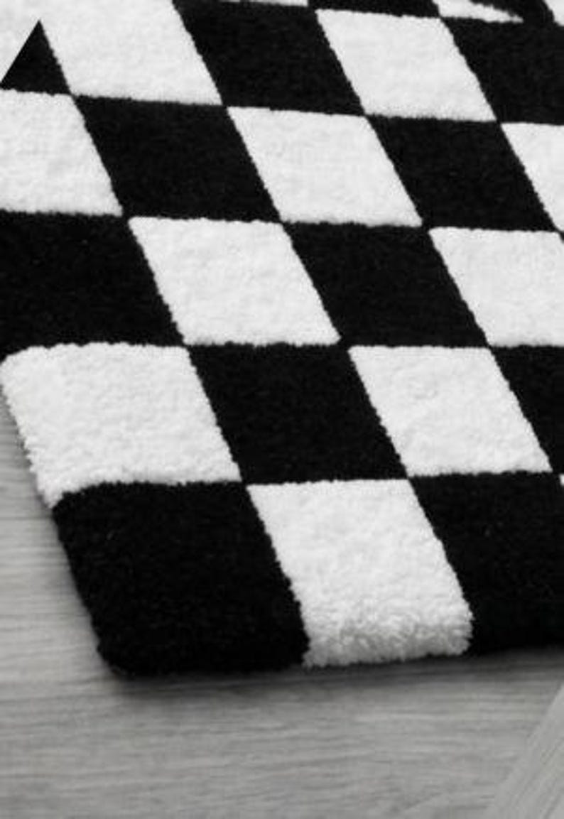 Hand Tufted Wool Checkerboard Rug, Plush Black White Geometric Accent ...