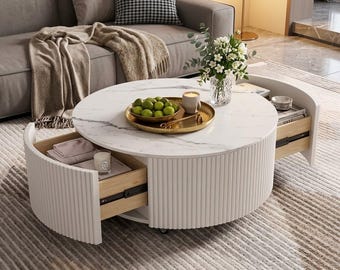Handgemaakte ronde gecanneleerde salontafel met 2 lades, 30-inch salontafel op wielen, marmerlook stenen blad, moderne woonkamertafel