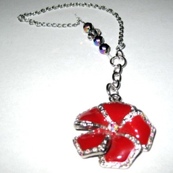 Dark Red Flower Rear View Mirror Charm, Borealis Crystals, Car Charm, Red Car or truck, Poppy