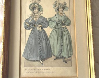Piatto antico francese di moda n. 406, incisione colorata a mano, circa 1820, con cornice.