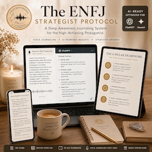 Könnte beinhalten: Ein Arbeitsbereich mit Laptop, Tablet und Smartphone, die Text zum Thema Journaling und Strategie anzeigen. Eine Kaffeetasse, ein Notizbuch und ein Stift sind ebenfalls vorhanden. Das Thema ist Selbstfindung und strategische Planung.