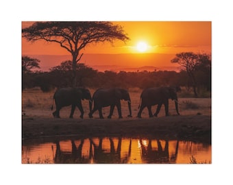 Lienzo impreso con diseño de elefantes al atardecer / Arte mural de safari de vida salvaje africana