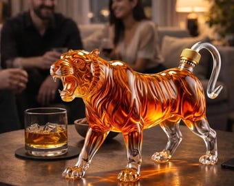 Tiger Whiskey Decanter, Lead-Free Glass Bourbon Bottle, Animal Bar Cart Decor