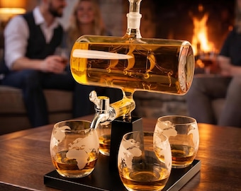 Globe Whiskey Decanter Set, Sailing Ship Bourbon Dispenser, Nautical Barware Glasses (1000ml)
