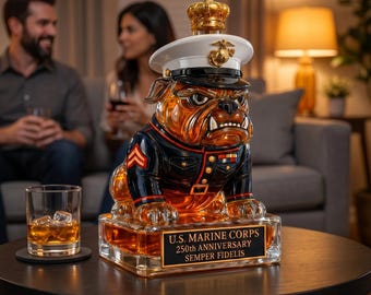 Marine Bulldog Whiskey Decanter, USMC Inspired Bar Decor, Military Glass Liquor Bottle (300ml)