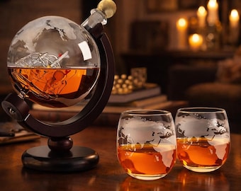 Globe Whiskey Decanter Set – World Map Bottle with Glasses, Bar Decor