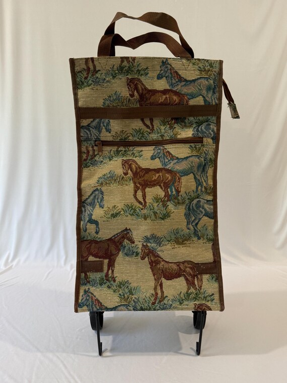 Vintage Horse Tapestry Rolling Shopping Cart Fold Flat - Equestrian Market Bag View 2