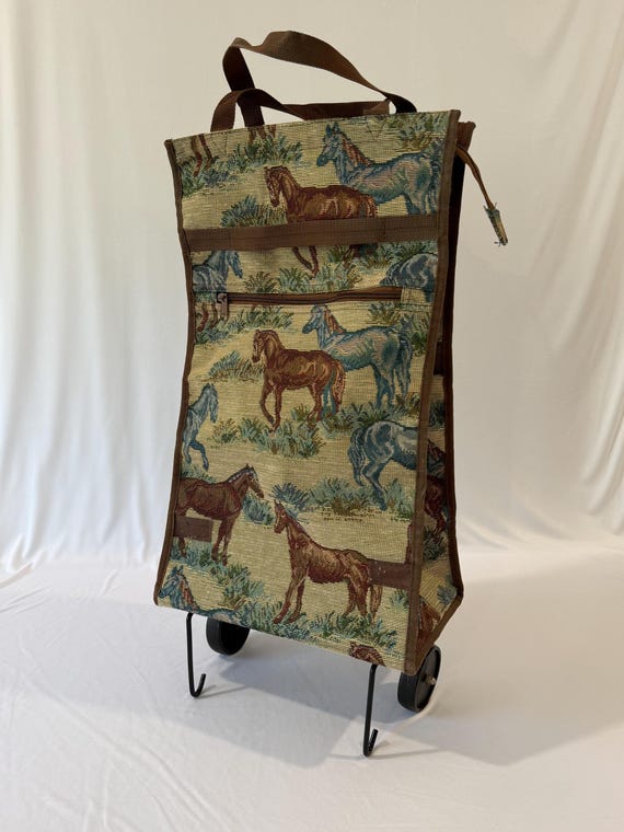 Vintage Horse Tapestry Rolling Shopping Cart Fold Flat - Equestrian Market Bag