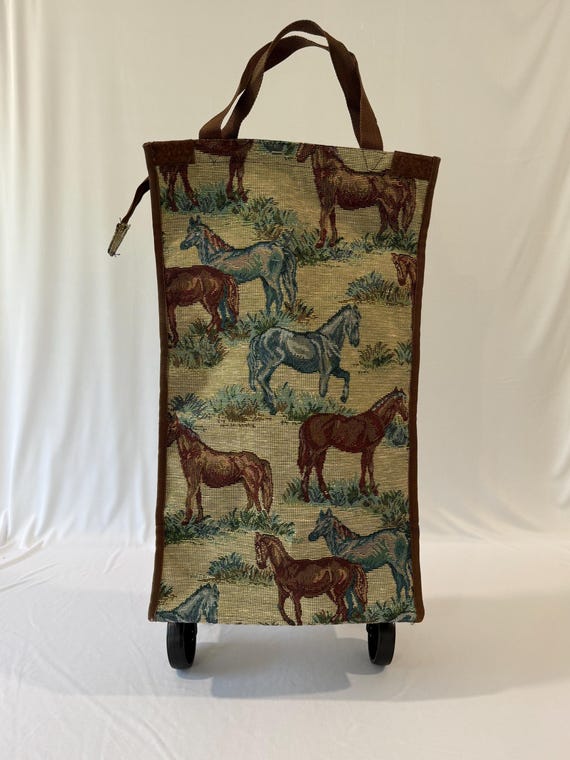 Vintage Horse Tapestry Rolling Shopping Cart Fold Flat - Equestrian Market Bag View 3