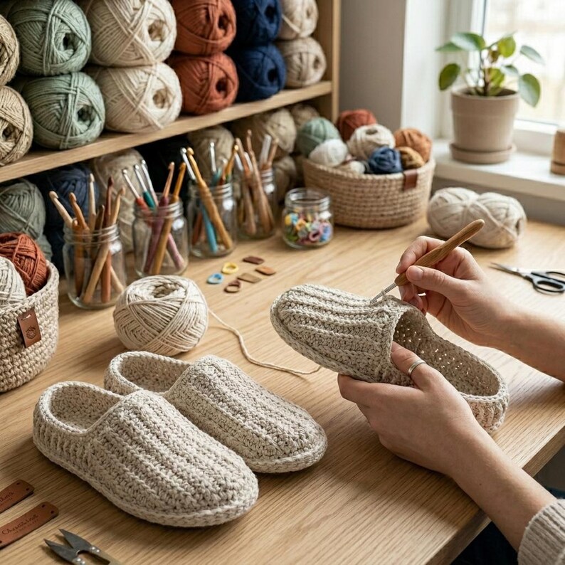 May include: A pair of beige crochet slippers sit on a wooden table next to a ball of yarn. The image shows a person crocheting a slipper with a wooden crochet hook. Shelves in the background hold various colors of yarn and crochet supplies.