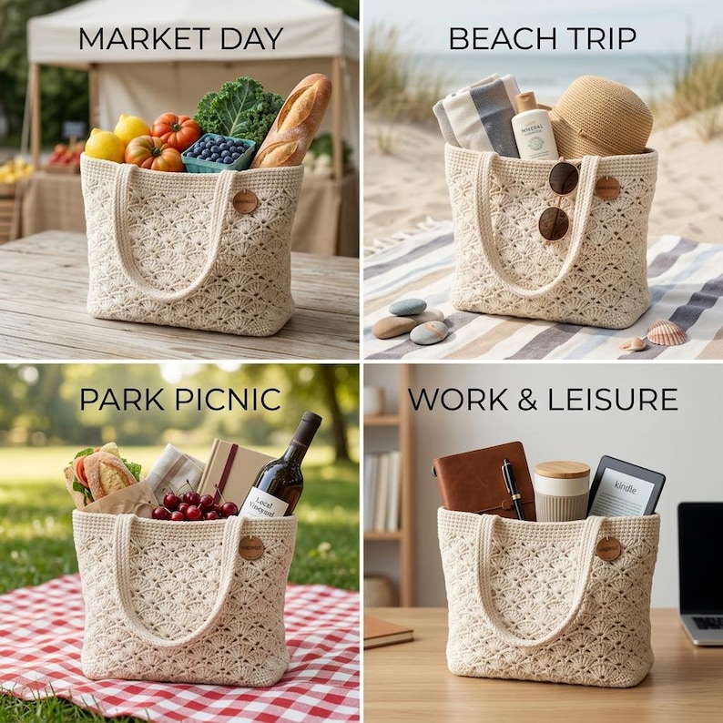 May include: A cream-colored crochet tote bag filled with various items, including produce, beach essentials, picnic supplies, and work accessories. The bag has a textured pattern and sturdy handles, suitable for multiple uses. The image shows the bag in different settings, labeled "Market Day", "Beach Trip", "Park Picnic", and "Work & Leisure".