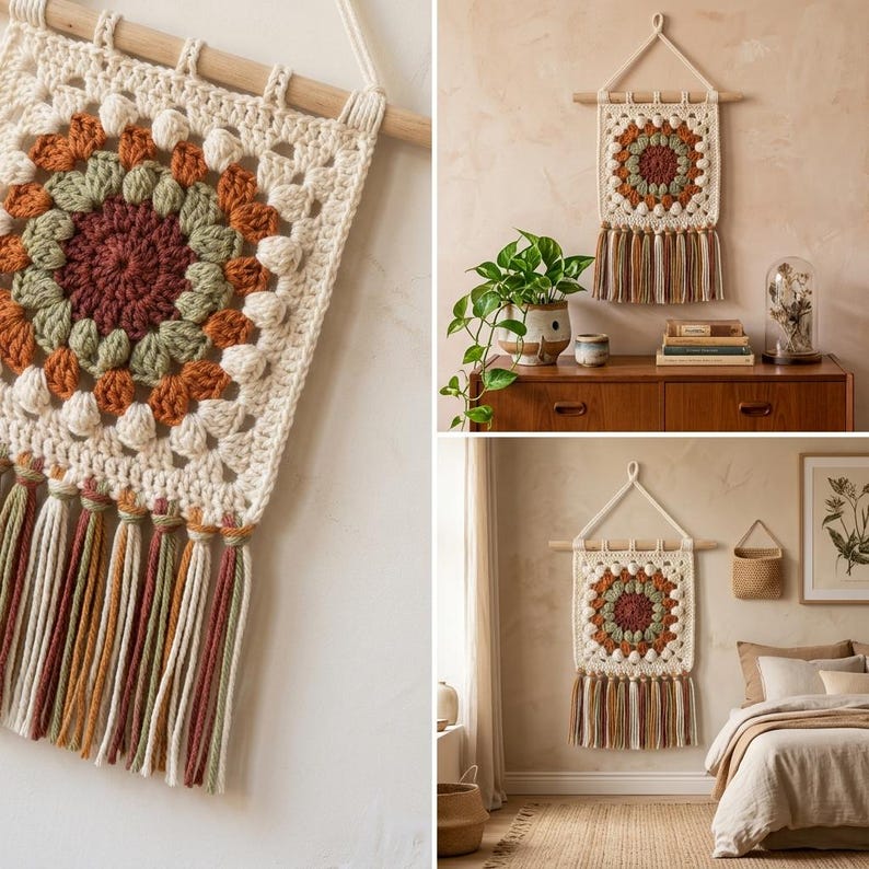 May include: A cream-colored, square crochet wall hanging with a central floral design in shades of brown, green, and orange. The piece is adorned with a wooden dowel and hanging tassels in matching colors, creating a bohemian aesthetic.