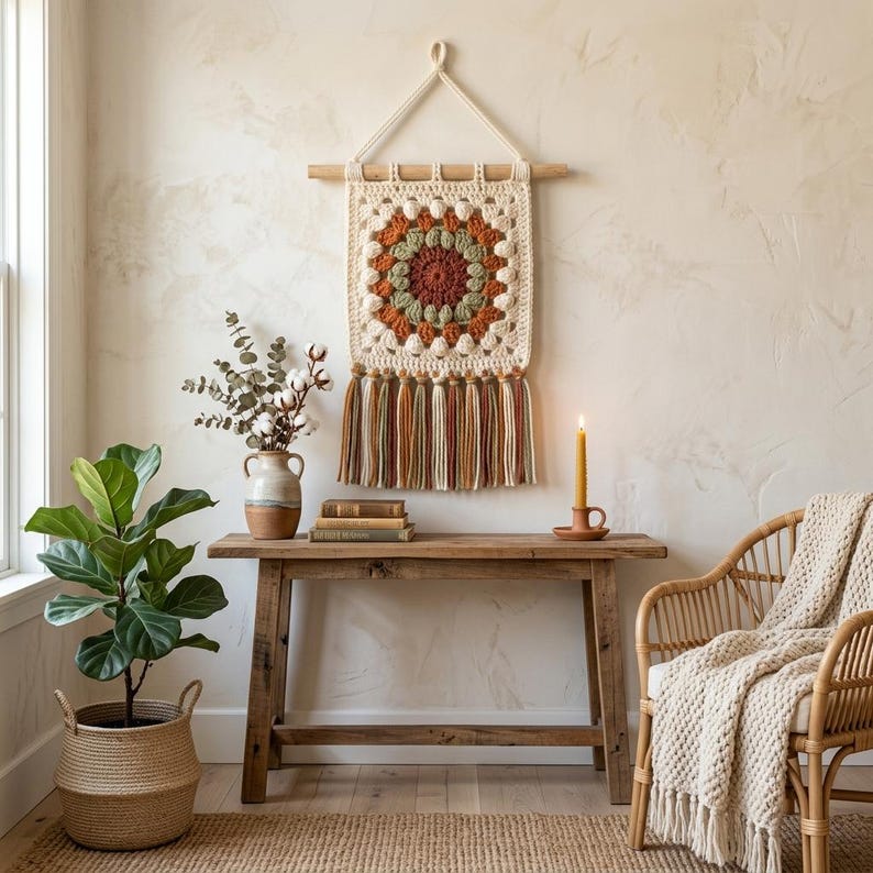 May include: A cream-colored, square crochet wall hanging with a geometric design in shades of orange, green, and brown. The wall hanging is suspended from a wooden dowel and features long, colorful tassels. The scene includes a wooden console table, a potted plant, and a wicker chair.