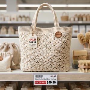 May include: A cream-colored, handmade crochet tote bag with a shell-stitch pattern. The bag has two handles and a small leather tag that says "HANDMADE". A price tag reads "SALE! $49.99".