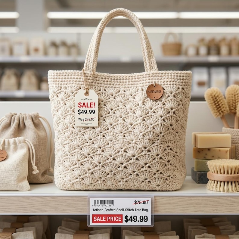 May include: A cream-colored, handmade crochet tote bag with a shell-stitch pattern. The bag has two handles and a small leather tag that says "HANDMADE". A price tag reads "SALE! $49.99".