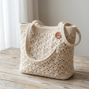 Puede incluir: Bolso tote de crochet hecho a mano, de color crema, con un patrón de puntada de concha. El bolso tiene dos asas y una pequeña etiqueta redonda de cuero que dice "HANDMADE". El bolso está sobre una superficie de madera.