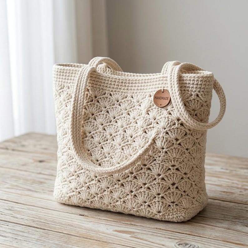 May include: Cream-colored, handmade crochet tote bag with a shell stitch pattern. The bag has two handles and a small, round leather tag that reads "HANDMADE". The bag is sitting on a wooden surface.