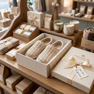 May include: A display of gift items on wooden shelves. The items include a pair of beige knit slippers in a box, candles, soaps, and wrapped scarves. A gift box with a cream ribbon and a tag that reads "Cozy Knit Co." is also visible.