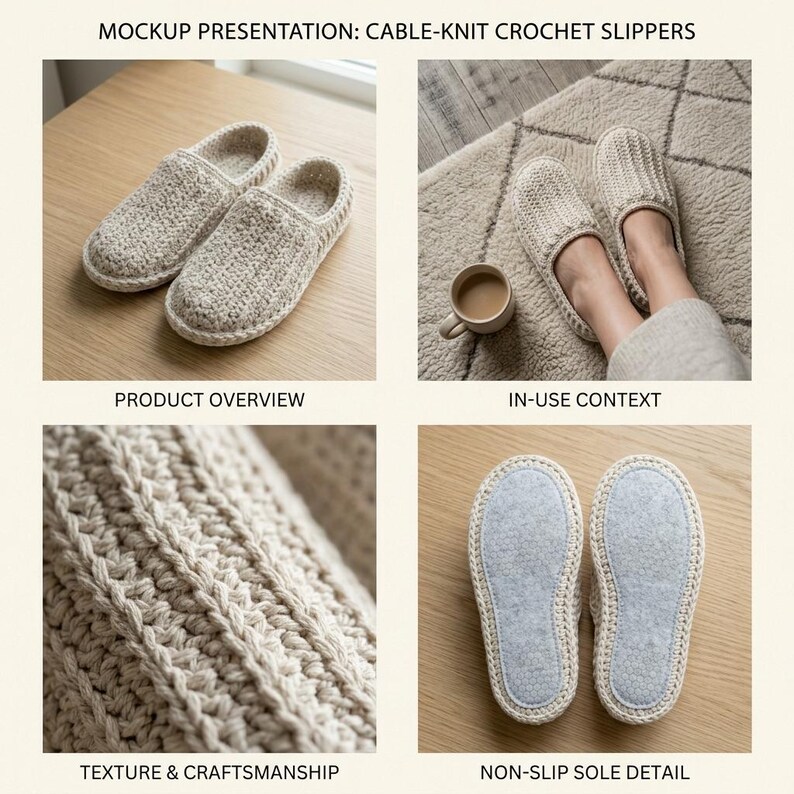 May include: Cable-knit crochet slippers in a neutral beige color. The image shows the slippers from multiple angles, including a product overview, in-use context, texture detail, and non-slip sole detail. The slippers appear soft and comfortable.