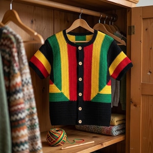 Peut inclure: Un cardigan crocheté à manches courtes aux couleurs rouge, jaune, vert et noir est suspendu dans un placard en bois. Le cardigan a une fermeture boutonnée sur le devant et un motif géométrique. Une pelote de laine et un crochet sont posés sur l'étagère en dessous.