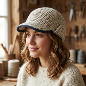May include: A beige crocheted cap with a navy blue trim. The cap features a textured design and ear flaps. The woman in the image is wearing a cream-coloured jumper. The background is a wooden wall with tools.