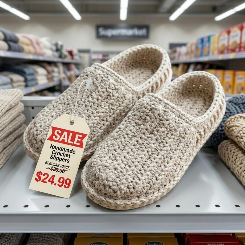 May include: A pair of handmade crochet slippers in a neutral beige color. The slippers are displayed on a store shelf with a sale tag that reads "SALE Handmade Crochet Slippers". The slippers have a textured, open weave design.