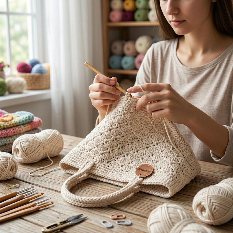 May include: A cream-colored, crocheted tote bag with a geometric pattern and sturdy handles. The bag is in progress, with a wooden crochet hook and yarn visible. The scene includes several skeins of yarn, crochet hooks, and other crafting supplies.