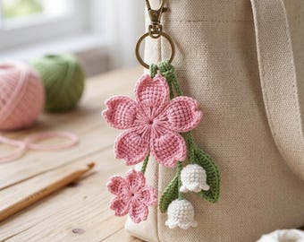 Crochet Bell Flower Pattern, Crochet Floral Bag Charm Pattern, Cherry Blossom Crochet Pattern, Crochet Flower Keychain Pattern PDF