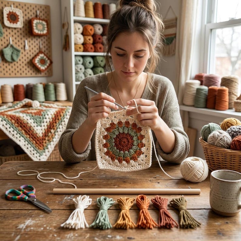 May include: A woman crocheting a square with cream, green, and orange yarn. The square is part of a larger project. Various yarn colors and crochet supplies are on the wooden table. A finished crochet piece hangs on the wall.