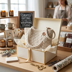 May include: A cream-colored, crocheted tote bag with a round wooden tag sits inside a gift box with a gold ribbon. The box is on a wooden surface with other gift items, including candles, mugs, and chocolate bars. A sign reads "CURATED GIFTING & WRAPPING STUDIO."