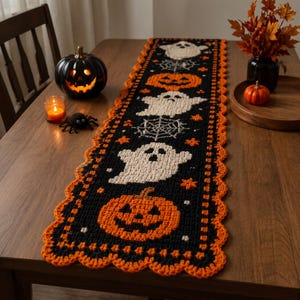 May include: A rectangular crochet table runner featuring a black background with repeating orange pumpkins, white ghosts, and grey spiderwebs. The runner has a scalloped orange border and is decorated with small orange stars and white dots.