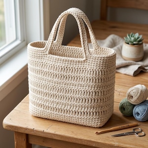 May include: A cream-colored, rectangular crochet tote bag with two handles. The bag is made with a textured stitch pattern. The image also shows a wooden table, yarn, a crochet hook, and scissors.
