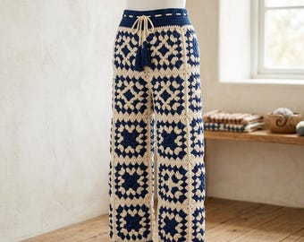 Crochet Granny Pants Pattern, Handmade Wide Leg Crochet Pants, Retro Handmade Clothing Crochet, Colorful Boho Trousers PDF