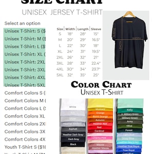 K&ouml;nnte beinhalten: Gr&ouml;&szlig;en- und Farbtabelle f&uuml;r ein Unisex-Jersey-T-Shirt. Die Tabelle enth&auml;lt die Gr&ouml;&szlig;en S bis 5XL, mit Ma&szlig;en in Zoll f&uuml;r Breite, L&auml;nge und &Auml;rmell&auml;nge. Eine Farbtabelle zeigt verschiedene Optionen, darunter Wei&szlig;, Schwarz und Marineblau.